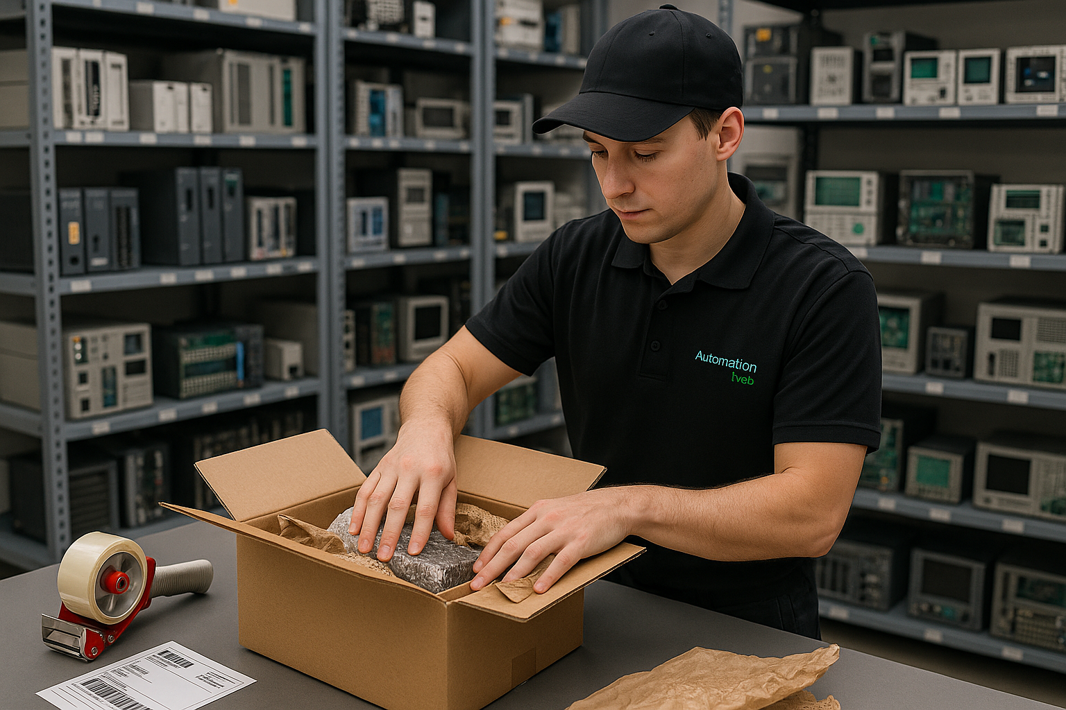 add industrial electronics on the shelves in the background