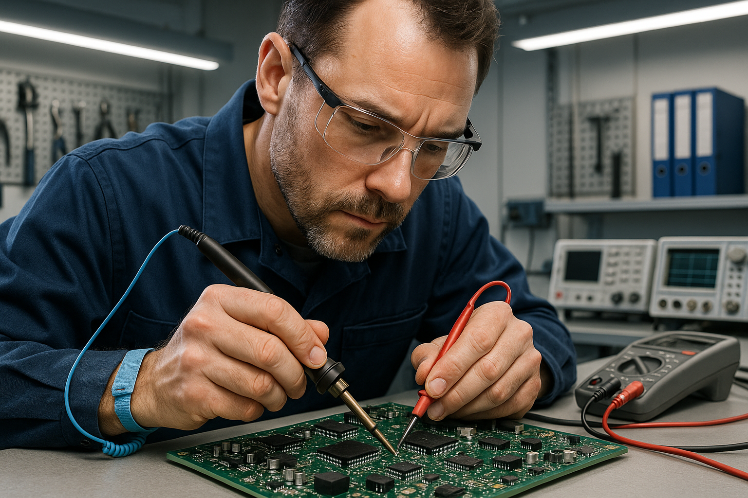 industrial electronic technician repairing a circuit board